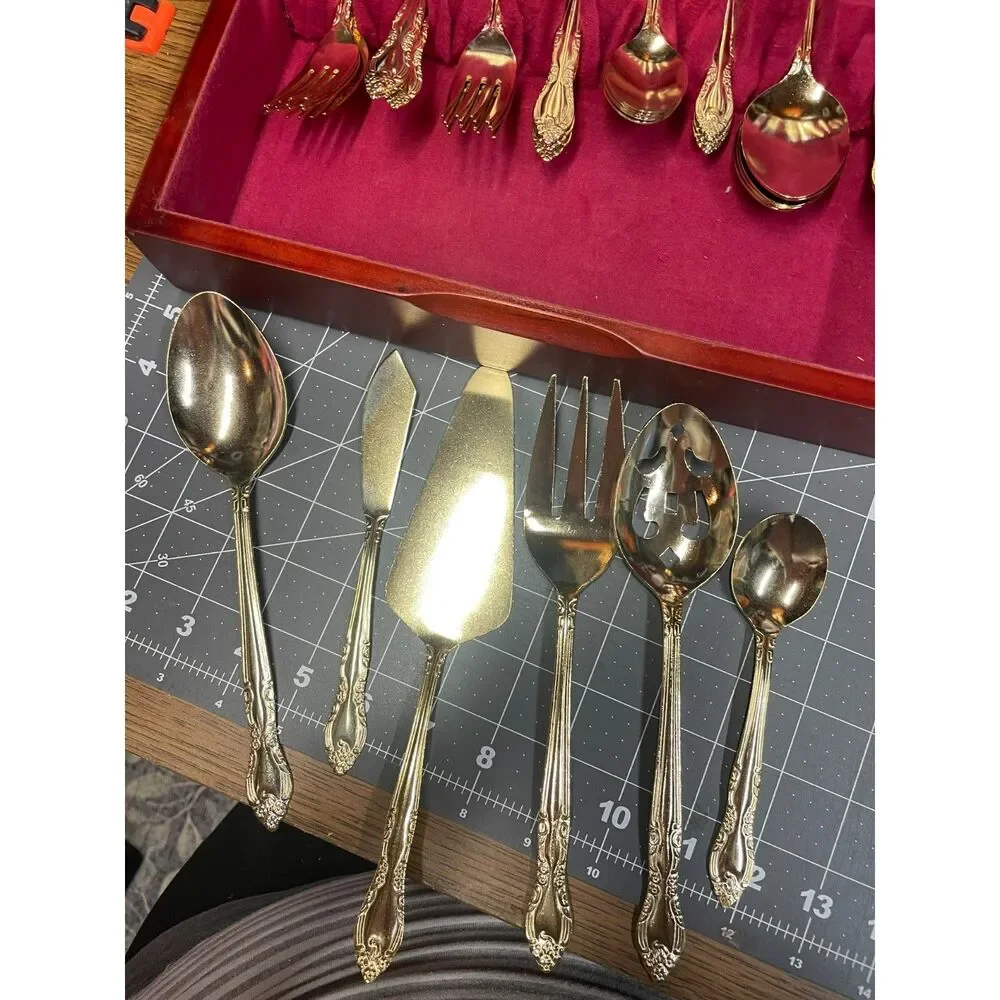 Vintage Gold Tone Flatware Serving Set with Wooden Storage Chest
